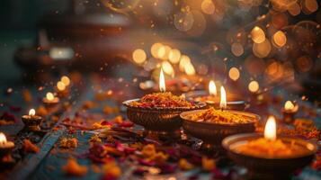 Table Set With Food Bowls and Lit Candles photo