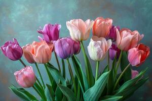 AI generated Radiant selection of tulips in shades of pink, rose, and lavender complemented by a gentle blue background with a subtle glow photo