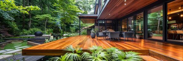 AI generated Luxurious Wooden Deck of a Modern Home in a Lush Forest Setting photo