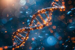 AI generated A visually striking depiction of a DNA helix, aglow with particles, signifies advances in biotechnology and life sciences photo