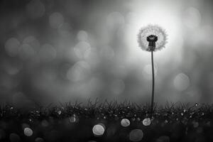 AI generated A solitary dandelion stands against a bokeh light backdrop, embodying the poetic solitude and delicate balance of nature photo