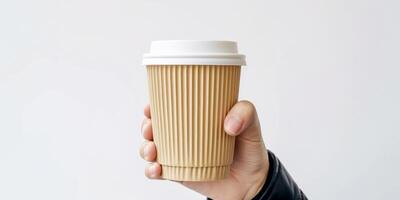 AI generated A persons hand gripping a brown paper coffee cup with a white lid, symbolizing urban lifestyle and eco-friendly choices photo
