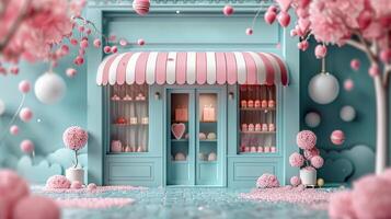Pink and Blue Store With Pink Flowers photo