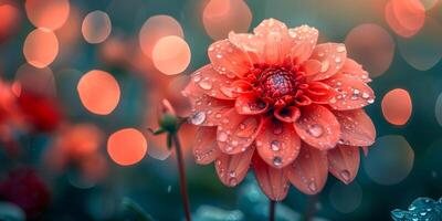 ai generado un vibrante rojo floración, brillante con agua gotas, soportes fuera en contra un suave bokeh ligero fondo, creando un mágico atmósfera foto