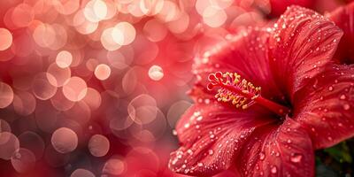 ai generado de cerca de un vívido rojo hibisco floración, con agua gotas en contra un suave bokeh calina creando un sereno ambiente foto