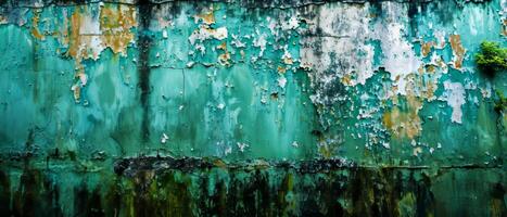 AI generated A wide view of an old wall with peeling green paint and rust stains, capturing the essence of decay and the passage of time photo