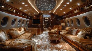 Inside an Airplane With Couches and Tables photo