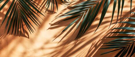 AI generated The interplay of light and shadow from tropical palm leaves creates an artistic pattern on a warm, textured wall photo