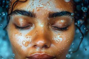 ai generado de cerca retrato de un mujer con agua gotas en su rostro, ojos cerrado en un pacífico expresión foto