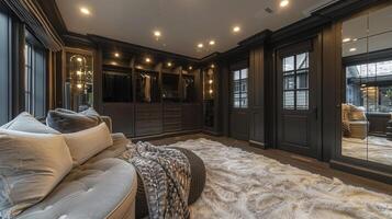 Living Room Filled With Furniture and Large Mirror photo