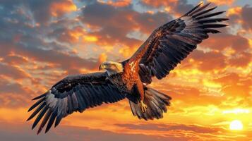 majestuoso calvo águila volador en frente de un puesta de sol foto