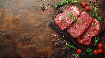 Raw Meat on a Cutting Board With Herbs and Pepper photo