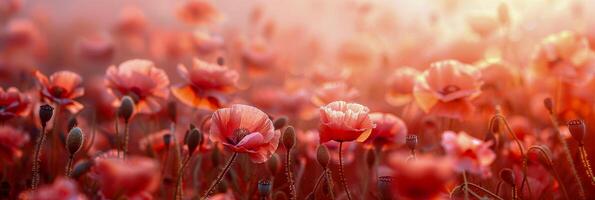 AI generated Warm sunset light bathes a tranquil field of poppy flowers, accentuating their delicate features in a serene setting photo
