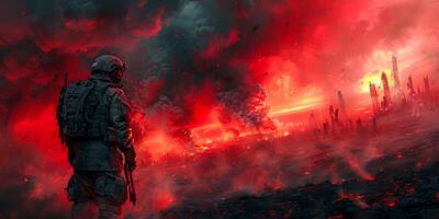 AI generated Fantasy soldier gazing at a city engulfed in red mist and embers photo