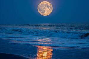 ai generado un cautivador escena de un lleno Luna colgando terminado el océano, con sus ligero reflejando en amable olas a crepúsculo foto