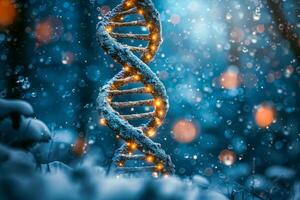 AI generated parkling DNA Strand in Snowy Setting The Intersection of Science and Natur photo