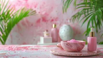 Pink Table With Bowl of Pink Stuff and Bottle of Lotion photo