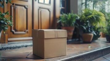 Cardboard Box on Counter Next to Potted Plants photo