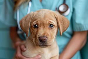 ai generado un cuidando veterinario en verde azulado matorrales sostiene un joven Labrador cachorro, destacando el compasivo enlace Entre mascotas y animal doctores foto