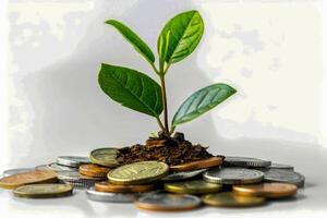 AI generated Fresh leaves of a young plant emerging from rich soil scattered with various coins, depicting the idea of nurturing investments. photo