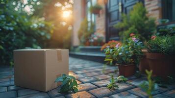 Cardboard Box on Counter Next to Potted Plants photo