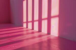 AI generated The corner of a room illuminated with soft pink light, casting geometric shadows through windowpanes, evoking quiet contemplation. photo