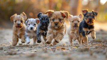 Small Dogs Running Across Dirt Field photo