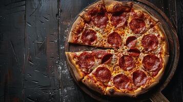 Pepperoni and Green Pepper Pizza on Wooden Board photo