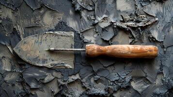 Shovel and Wooden Handle Mounted on Wall photo