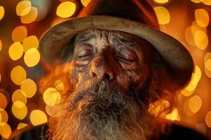 AI generated Wise old man with a flowing beard and a solemn expression, wearing a hat, praying with closed eyes against a backdrop of golden bokeh lights photo