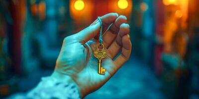 AI generated A hand holding an ornate vintage key, presented against a colorful, bokeh-lit background, evoking intrigue and possibility photo