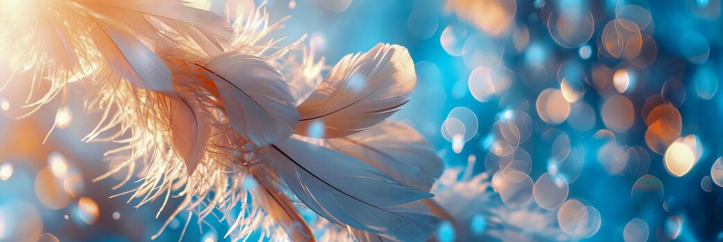 AI generated A mesmerizing display of delicate feathers floating in a mystical dance, highlighted by soft bokeh light on a serene blue backdrop photo