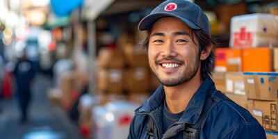 AI generated In an urban setting, a young man s infectious smile radiates against a backdrop of shipping containers photo