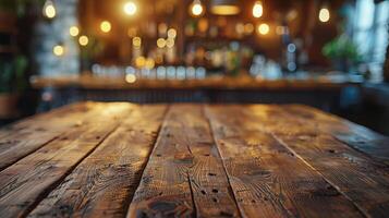 Wooden Table With Background Lights photo