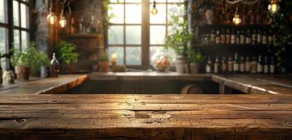 Wooden Table With Background Lights photo