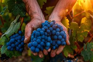 AI generated An agricultural worker in the vineyard at sunset, with close attention to the hands touching a bunch of dark blue grapes surrounded by green leaves photo