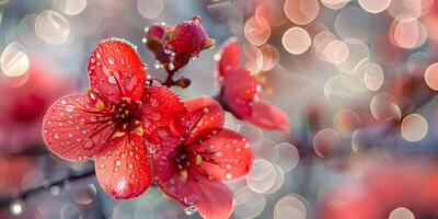 ai generado un radiante rojo hibisco, besado por Mañana gotas de rocío, brilla en medio de un brillante bokeh fondo, transporte un Fresco tropical seducir foto