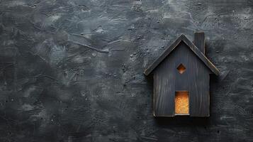 Birdhouse Shaped Like a House Mounted on a Wall photo