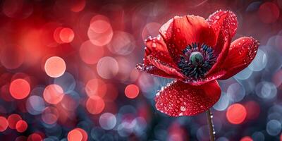 AI generated An exquisite red anemone flower, wet with morning dew, stands out against an enchanting background of light orbs photo