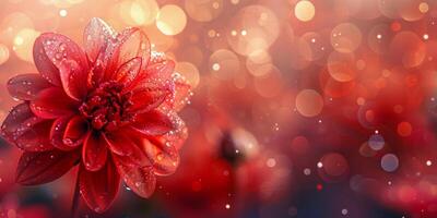 AI generated A vibrant red bloom, glistening with water droplets, stands out against a soft bokeh light backdrop, creating a magical atmosphere photo