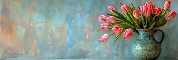 ai generado encanto de tulipanes en un moteado azul cerámica florero foto