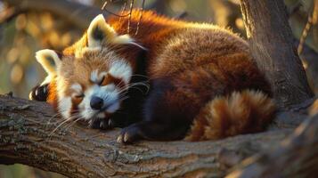 rojo panda dormido en árbol rama foto