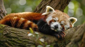 rojo panda dormido en un árbol rama foto