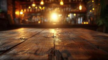 Wooden Table With Background Lights photo