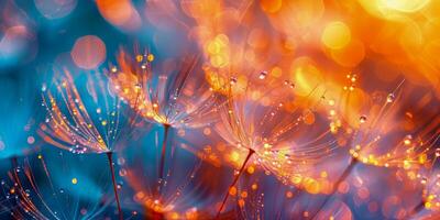 AI generated Ethereal dandelion seeds illuminated by a mesmerizing play of light and color, creating a dreamy bokeh effect photo