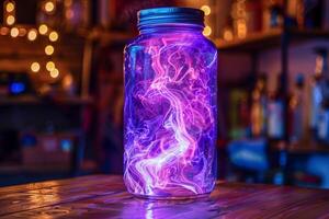 ai generado un maravilloso púrpura plasma pelota efecto capturado dentro un vaso frasco, conjunto en contra un bokeh lleno de luz antecedentes foto