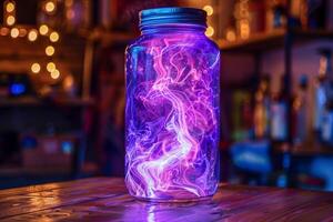 AI generated A stunning purple plasma ball effect captured within a glass jar, set against a bokeh light-filled background photo