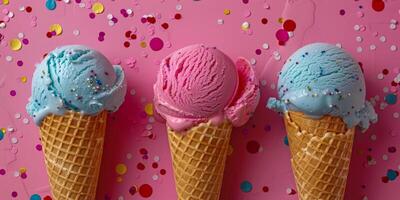 AI generated A variety of colorful ice cream cones with sprinkles are aligned on a pink background with confetti, evoking a festive mood photo