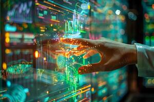 AI generated A dynamic image capturing a hand engaging with a futuristic augmented reality interface, symbolizing cutting-edge technology and digital innovation photo