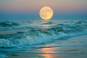 AI generated The supermoon illuminates the sky as it rises above the roaring sea waves during a breathtaking sunset photo